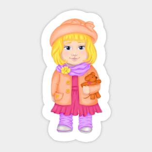 Baby girl in hat and spring clothes with a toy. Spring print Sticker